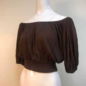 Off-Shoulder Brown Cropped Peasant Top